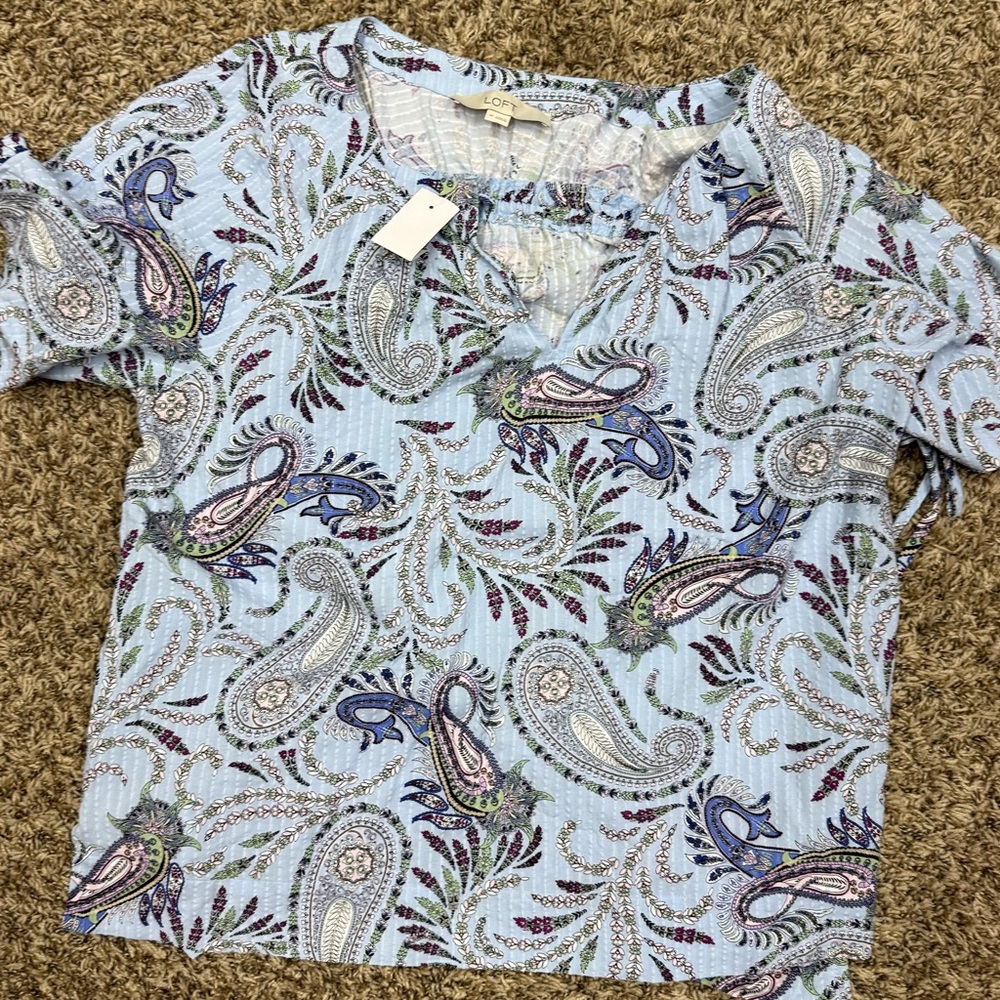 LOFT Light Blue Paisley Split-Neck Blouse